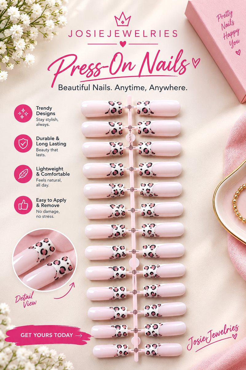 Pink leopard print press-on nail set, detail view