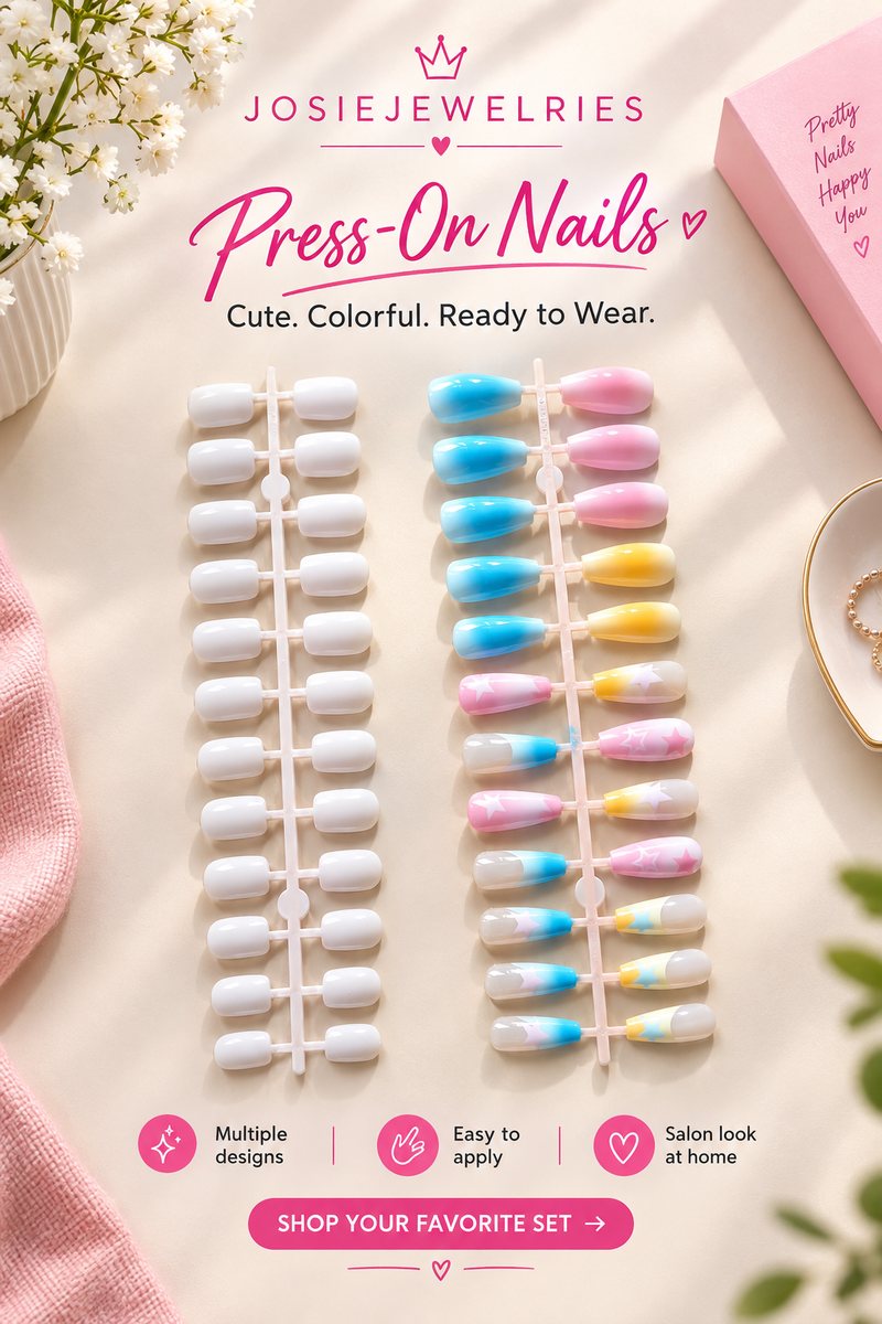 JosieJewelries press-on nail sets in glossy white and multicolor star designs