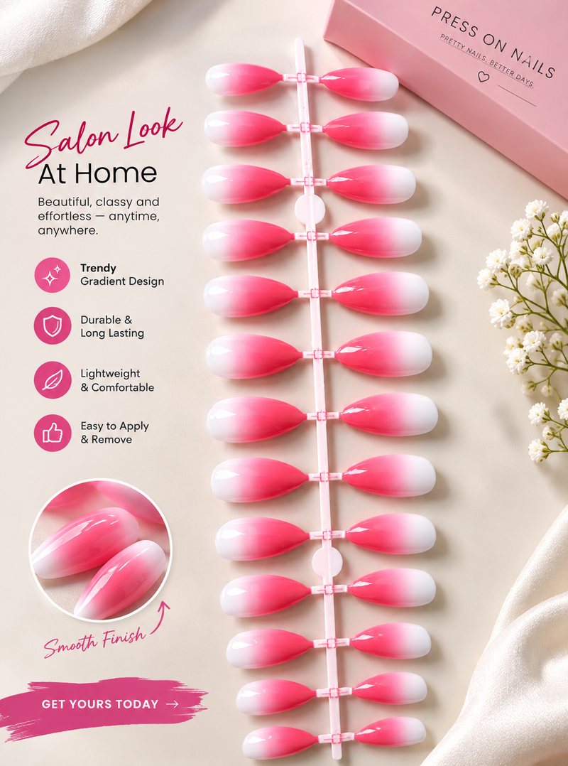 Pink ombré gradient press-on nail set with a smooth glossy finish